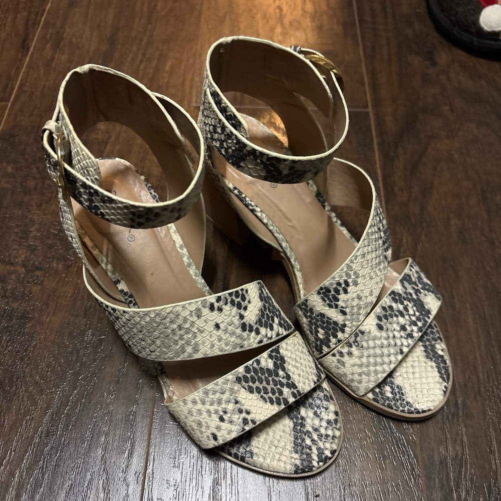Qupid Snake-Print Ankle Strap Block Heels - Cream/Black